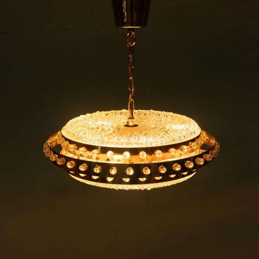 Midmod regency pendant lamp glass and brass, Orrefors Sweden