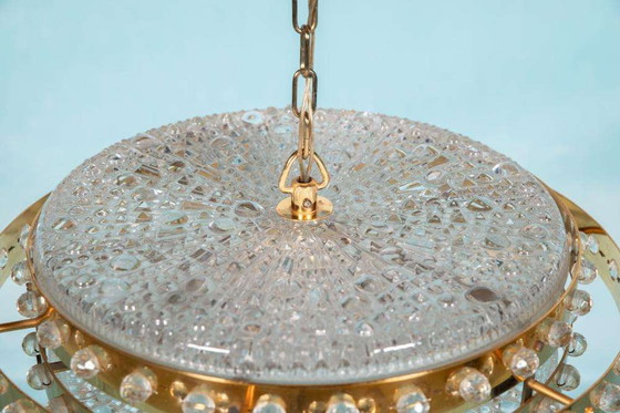 Image 1 of Lampe suspendue midmod regency en verre et laiton, Orrefors Sweden