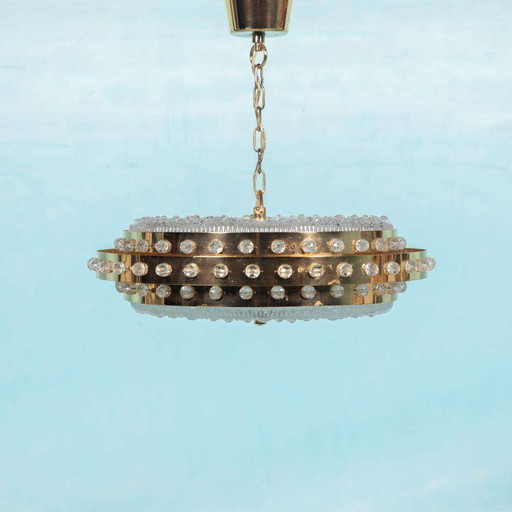 Midmod regency pendant lamp glass and brass, Orrefors Sweden