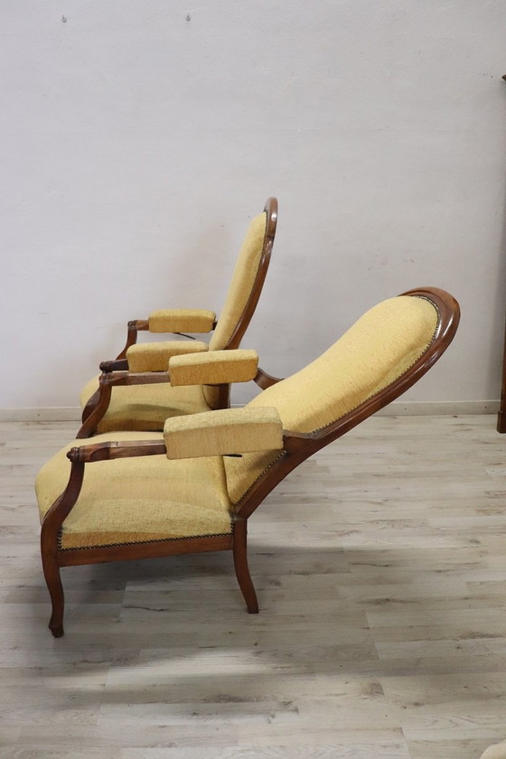 Image 1 of Walnut Reclining Armchairs, Set of 2, 19th Century