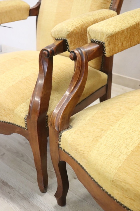 Image 1 of Walnut Reclining Armchairs, Set of 2, 19th Century