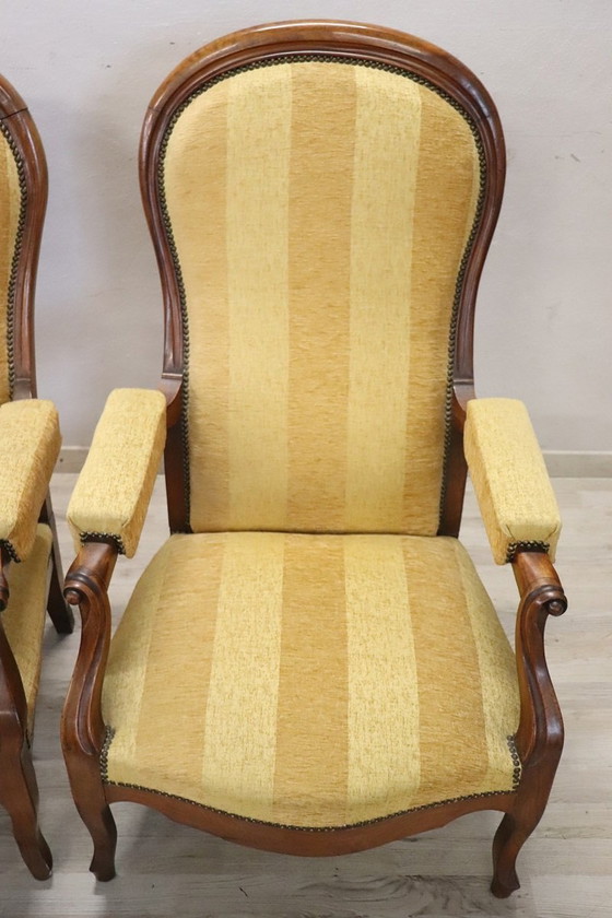 Image 1 of Walnut Reclining Armchairs, Set of 2, 19th Century