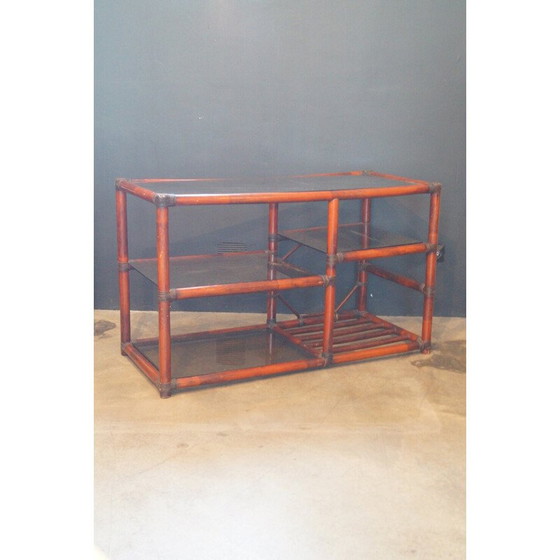 Image 1 of Vintage bookcase in rattan, leather and smoked glass, 1970s