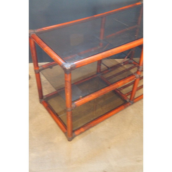 Image 1 of Vintage bookcase in rattan, leather and smoked glass, 1970s