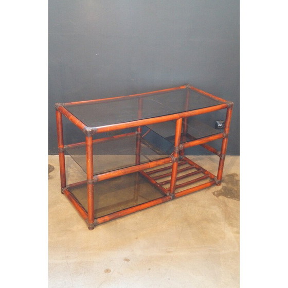 Image 1 of Vintage bookcase in rattan, leather and smoked glass, 1970s