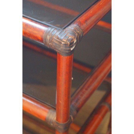 Image 1 of Vintage bookcase in rattan, leather and smoked glass, 1970s