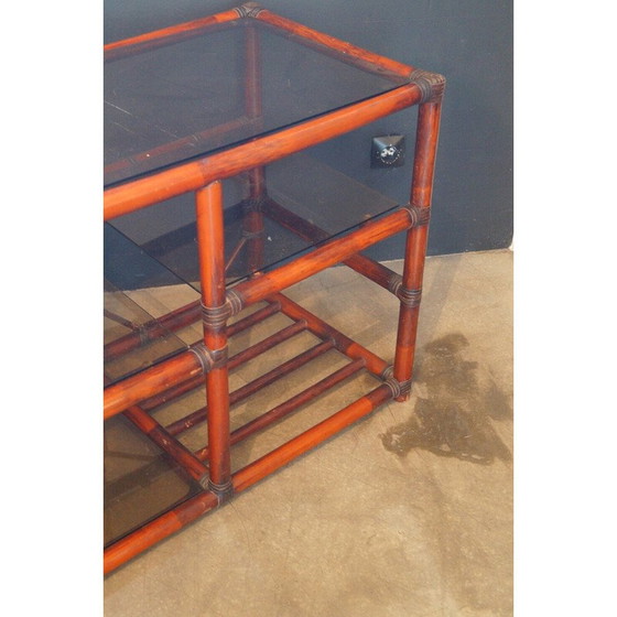 Image 1 of Vintage bookcase in rattan, leather and smoked glass, 1970s