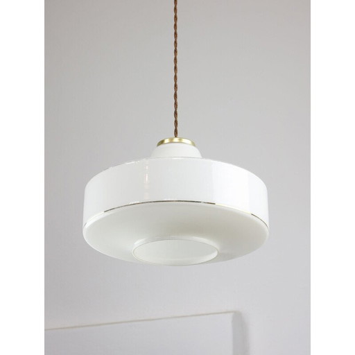 Vintage pendant lamp in white glass and brass, Italy