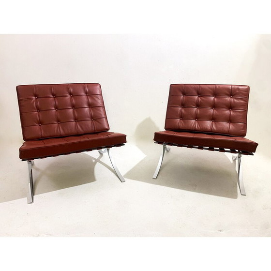 Image 1 of Pair of vintage Burgundy leather Barcelona armchairs by Mies Van Der Rohe for Knoll, 1990s