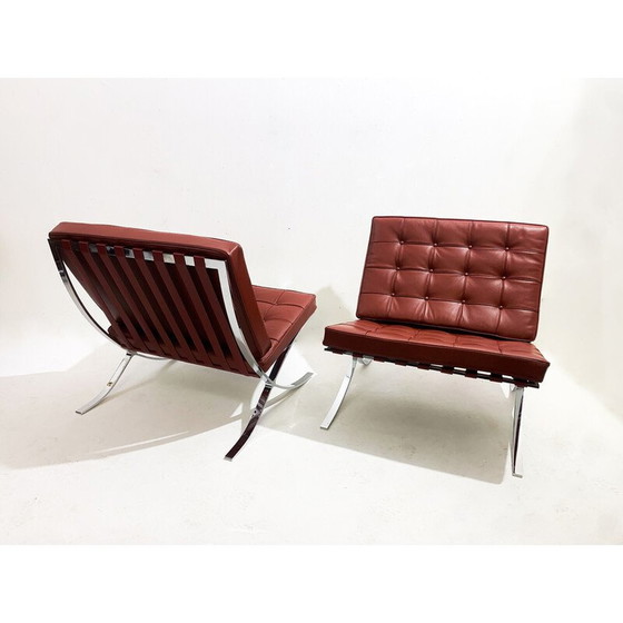 Image 1 of Pair of vintage Burgundy leather Barcelona armchairs by Mies Van Der Rohe for Knoll, 1990s