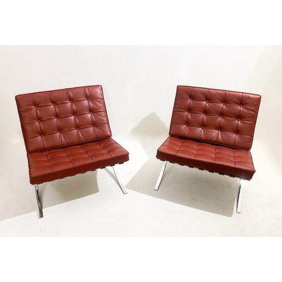 Image 1 of Pair of vintage Burgundy leather Barcelona armchairs by Mies Van Der Rohe for Knoll, 1990s