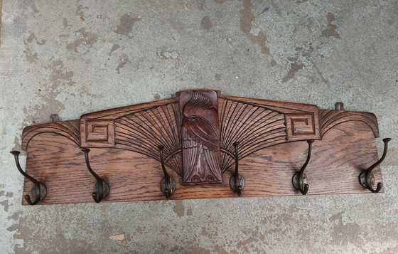 Image 1 of Art Deco Coat Rack Oak With Bird Figure