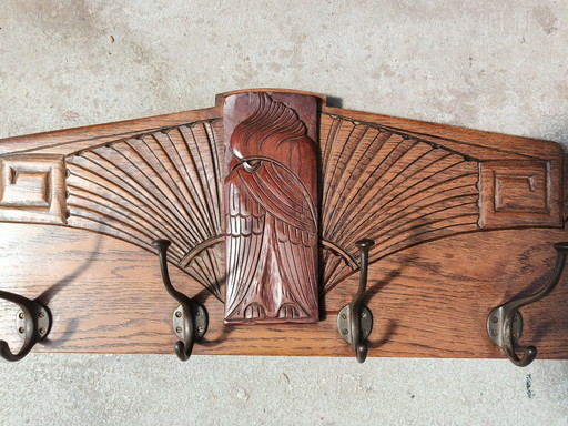 Art Deco Coat Rack Oak With Bird Figure