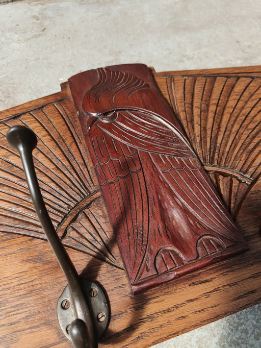 Art Deco Coat Rack Oak With Bird Figure