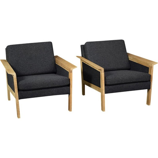 Pair of vintage Danish oakwood and felt armchairs, 1960s