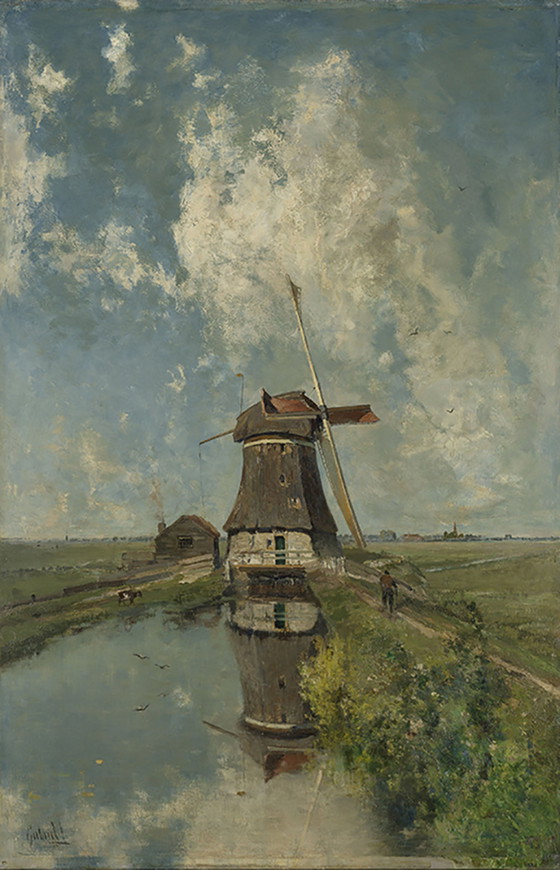 Image 1 of Paul Joseph Constantin Gabriel - A mill on a polder canal