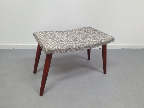 Image 1 of Footstool with offwhite/black design. Teak, Mid - Century.