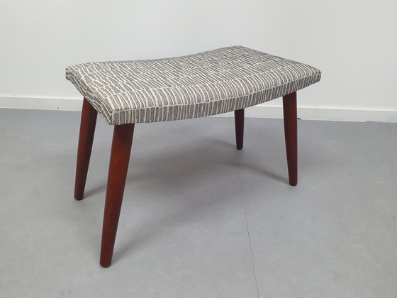 Image 1 of Footstool with offwhite/black design. Teak, Mid - Century.