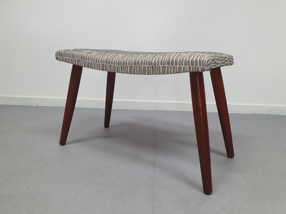 Image 1 of Footstool with offwhite/black design. Teak, Mid - Century.