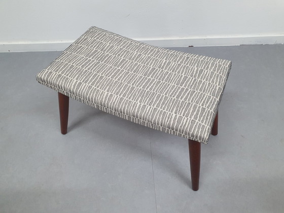 Image 1 of Footstool with offwhite/black design. Teak, Mid - Century.