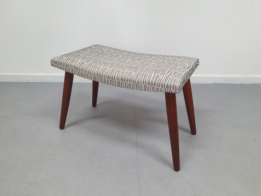 Footstool with offwhite/black design. Teak, Mid - Century.