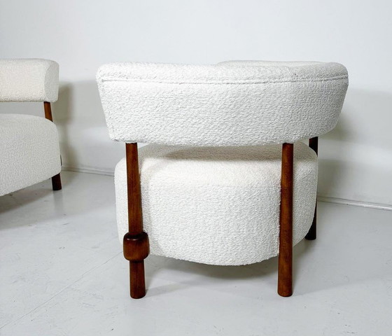 Image 1 of Pair Of Contemporary Armchairs, Wood And White Boucle Fabric, Italy