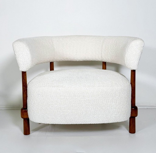 Pair Of Contemporary Armchairs, Wood And White Boucle Fabric, Italy