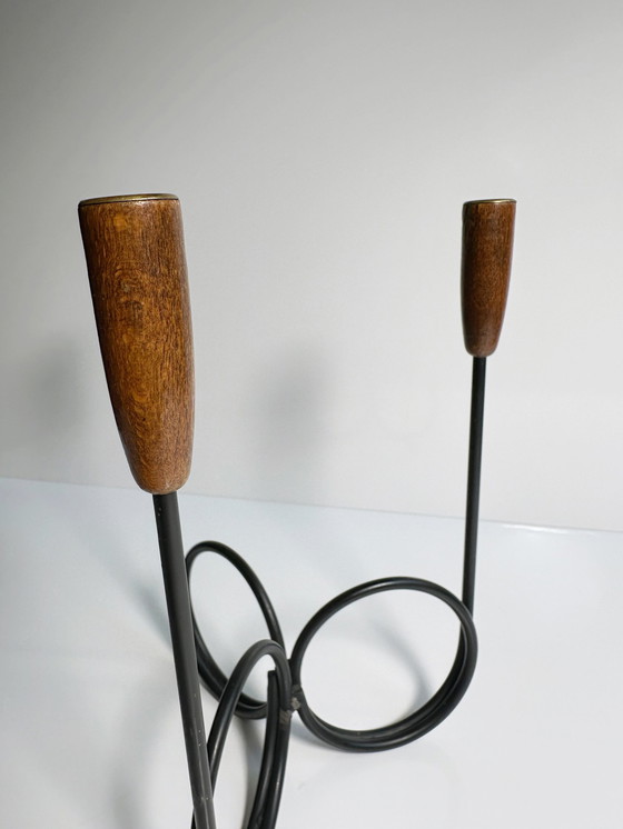 Image 1 of Danish Mid - Century candle holder Lüthje Denmark metal teak wood candle holder 50s 60s 70s