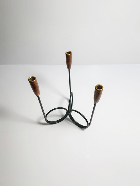 Image 1 of Danish Mid - Century candle holder Lüthje Denmark metal teak wood candle holder 50s 60s 70s