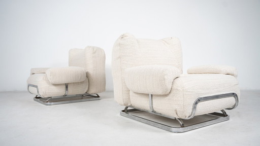 Mid-Century Modern Pair Of Armchairs, Chrome And Boucle Fabric