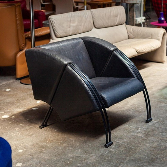 Image 1 of Poltrona vintage in metallo nero e pelle nera, 1980