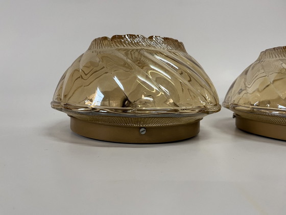 Image 1 of Set di lampade da parete/soffitto floreali di metà secolo, colore ambra/oro 