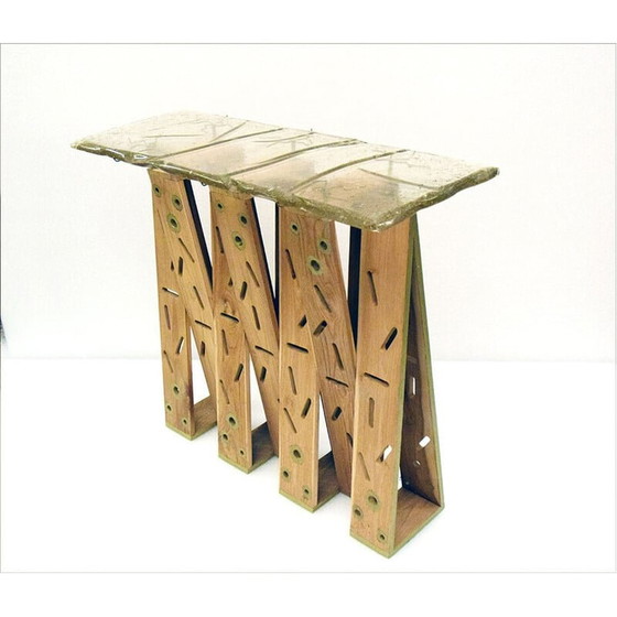 Image 1 of Vintage console "Golden eyes" in exotic wood, resin and brass, 1990s