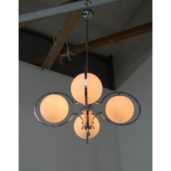 Image 1 of Vintage Art Deco chandelier in opal glass and wood, 1930