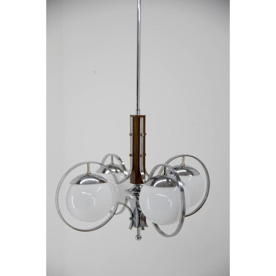 Image 1 of Vintage Art Deco chandelier in opal glass and wood, 1930