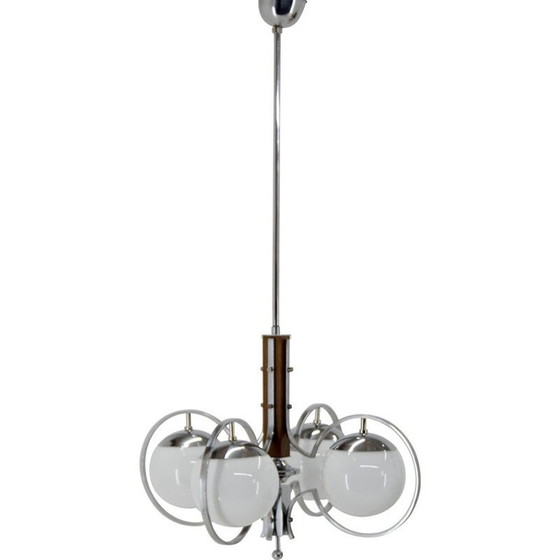 Image 1 of Vintage Art Deco chandelier in opal glass and wood, 1930