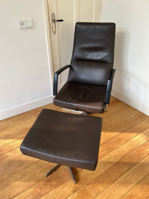 Swivel Relax Armchair With Hocker Dark Brown Leather