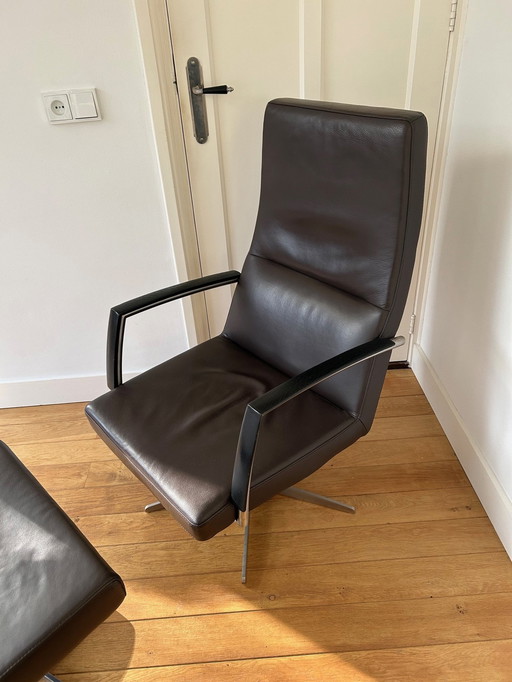 Swivel Relax Armchair With Hocker Dark Brown Leather