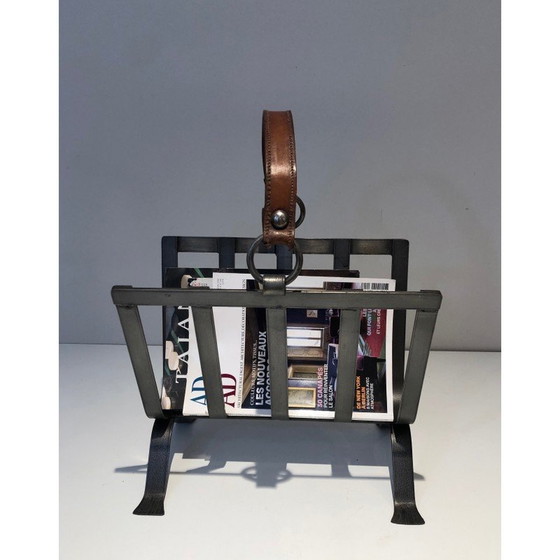 Image 1 of Vintage steel and leather magazine rack, 1950