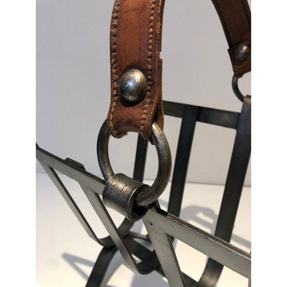 Image 1 of Vintage steel and leather magazine rack, 1950