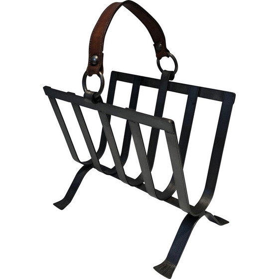 Image 1 of Vintage steel and leather magazine rack, 1950