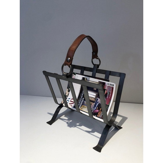 Image 1 of Vintage steel and leather magazine rack, 1950