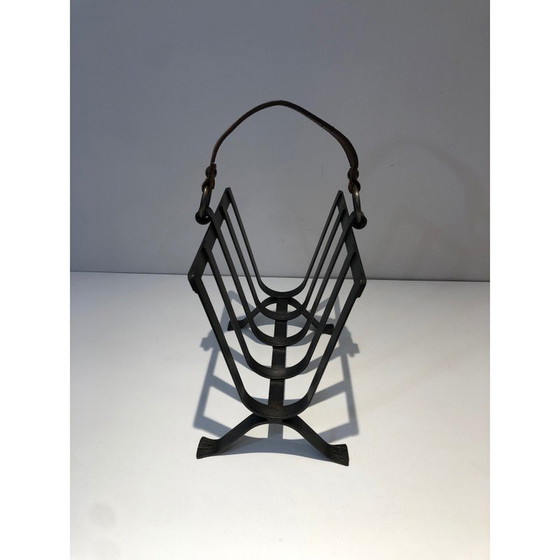 Image 1 of Vintage steel and leather magazine rack, 1950