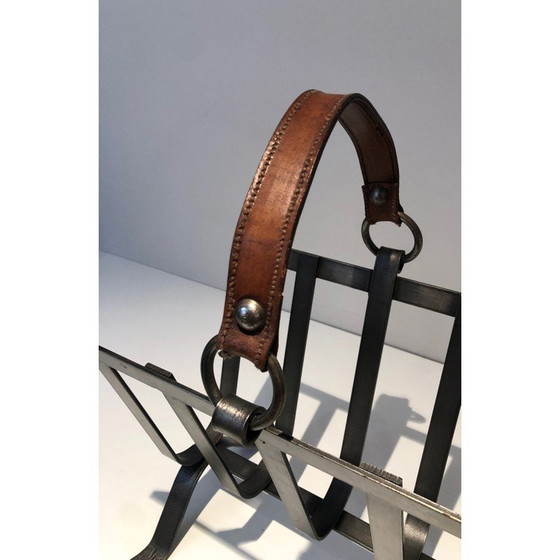 Image 1 of Vintage steel and leather magazine rack, 1950