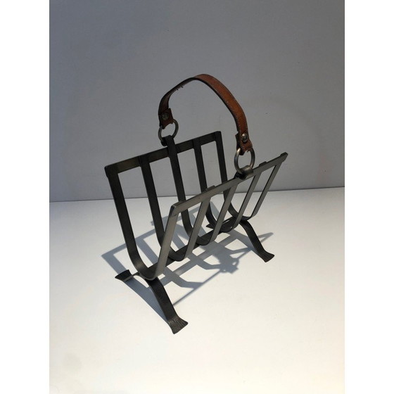 Image 1 of Vintage steel and leather magazine rack, 1950
