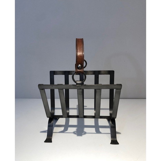 Image 1 of Vintage steel and leather magazine rack, 1950