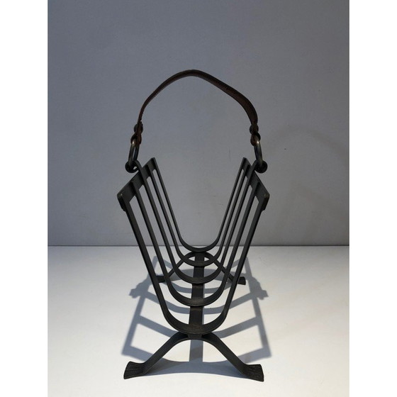 Image 1 of Vintage steel and leather magazine rack, 1950