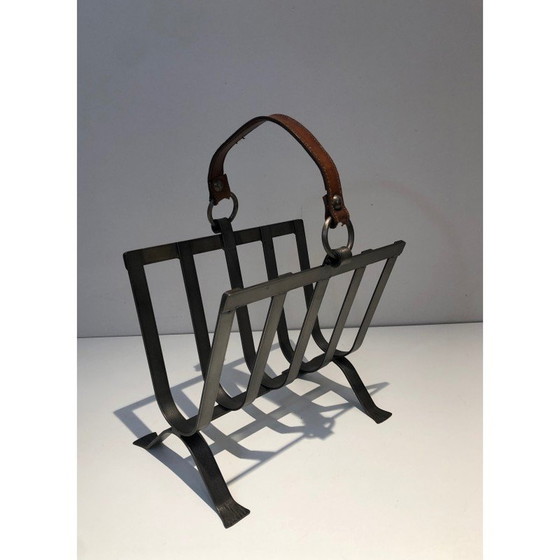 Image 1 of Vintage steel and leather magazine rack, 1950