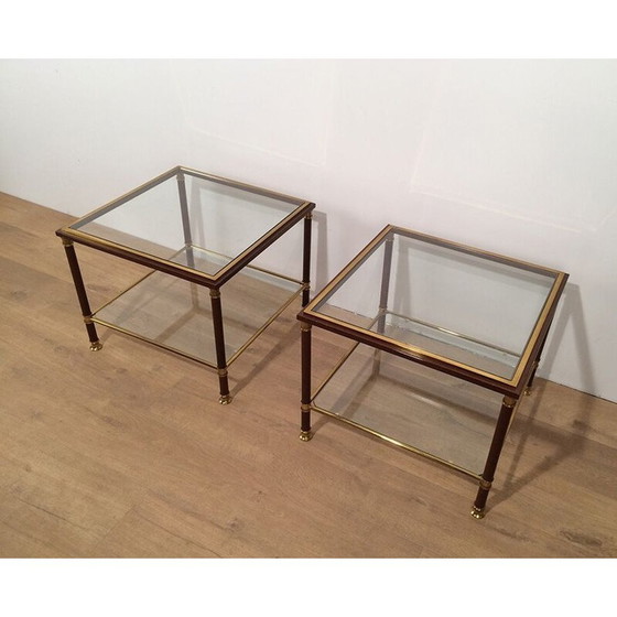Image 1 of Pair of vintage brass and burgundy lacquer sofa ends, 1970