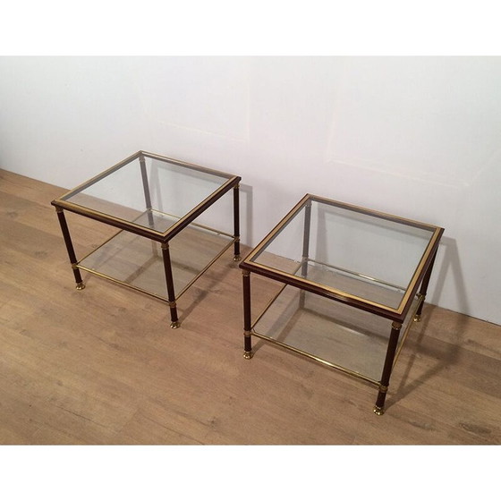 Image 1 of Pair of vintage brass and burgundy lacquer sofa ends, 1970